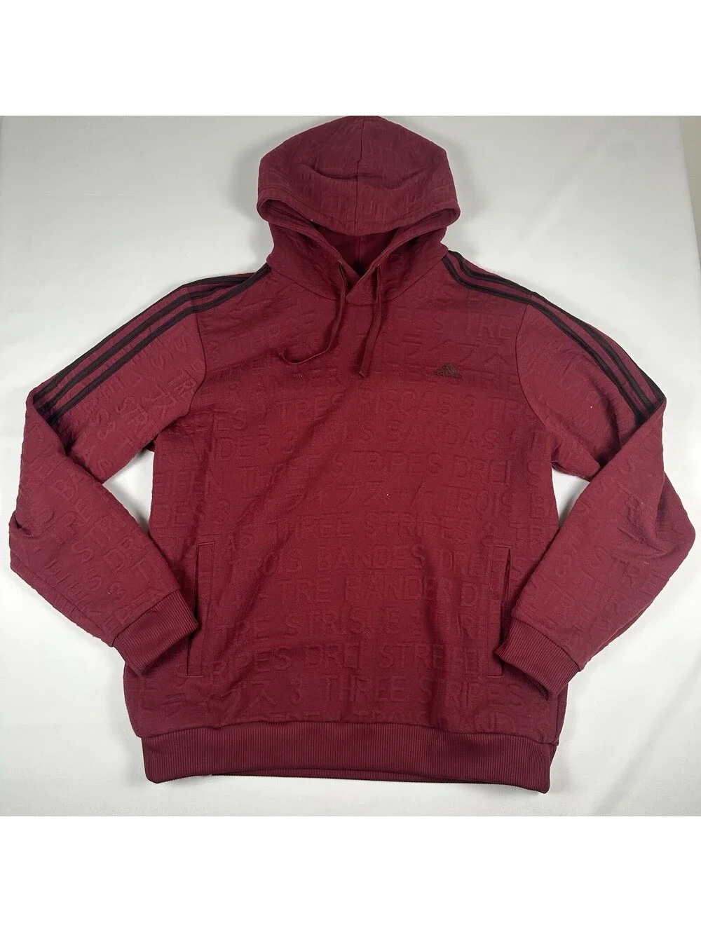 Adidas Hoodie Sweatshirt Mens XL Red Maroon 3 Stripe Embossed Pockets Pullover